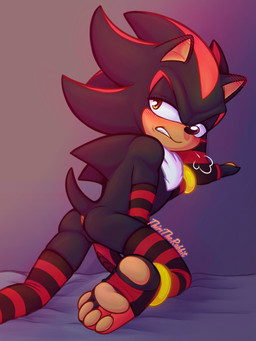 anklet anthro anus black_body blush bracelet butt clothed clothing crossdressing ear_blush feet femboy fluffy fluffy_chest footwear genitals gold_(metal) gold_anklet gold_bracelet gold_jewelry half-closed_eyes jewelry kneeling legwear looking_back male narrowed_eyes pawpads penis red_body red_clothing red_footwear red_socks snarling socks solo tail teeth thigh_highs yellow_eyes thiritherabbit sega sonic_the_hedgehog_(series) shadow_the_hedgehog eulipotyphlan hedgehog mammal 3:4 hi_res
