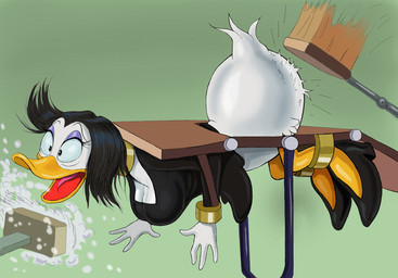 anthro beak black_hair bottomless breasts brush butt butt_slap clothed clothing feathers female footwear hair hairbrush high_heels punishment shoes slap soap solo spanking spanking_machine tail tail_feathers white_body white_feathers zdrer456 disney ducktales magica_de_spell anatid anseriform avian bird duck hi_res