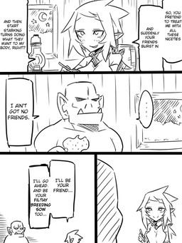 dialogue duo female humor male not_furry text jin_(mugenjin) elfxorc elf humanoid orc 3:4 comic english_text monochrome