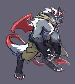 anthro armwear belt black_armwear black_belt black_body black_clothing black_fur black_legwear blue_body blue_fur bottomwear claws clothed clothing digitigrade fur green_bottomwear green_clothing green_pants grey_background hair horn leg_tuft legwear looking_aside male membrane_(anatomy) membranous_wings pants pawpads red_claws red_eyes red_horn red_inner_ear red_nose red_pawpads red_tail red_wings simple_background solo spade_tail standing tail three-quarter_view topless tuft unsigned white_body white_fur white_hair wings asnnonaka ransh_(asnnonaka) canid canine canis mammal wolf alternate_version_at_source full-length_portrait hi_res portrait