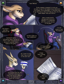 5_fingers angry annoyed anthro bald big_ears big_glasses black_border book border bored bottomwear brown_eyes clothed clothing detailed_background dialogue eyewear female fingers fur furniture gaming_chair glasses holding_object hoodie inside male night open_mouth pants purple_clothing reading round_glasses sitting solo speech_bubble tail tan_body tan_fur text throwing topwear tuft vr_headset eliana-asato melony_(eliana-asato) canid canine fennec_fox fox mammal true_fox 2022 comic digital_media_(artwork) english_text hi_res