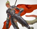 anthro armor cloak clothed clothing crotchless_clothing female medal panties pose simple_background solo standing underwear weapon white_background mossa amphibia_(series) disney general_yunan amphibian newt salamander hi_res