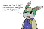 anthro blonde_hair blush clothing dipstick_ears ear_markings fur green_body green_fur hair jacket letterman_jacket long_ears male multicolored_ears open_mouth request_to_viewer simple_background solo text topwear white_background white_body white_fur oofmasterxd animal_crossing nintendo sasha_(animal_crossing) lagomorph leporid mammal rabbit 2024 digital_media_(artwork) english_text half-length_portrait portrait