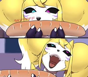 blue_eyes breadstick dark_sclera female fur heterochromia markings purple_eyes shitpost shortstack sniffing white_body white_fur why yellow_body yellow_fur furball bandai_namco digimon kpop_demon_hunters rumi_sniffing_kimbap renimpmon renimpmon_x canid canine demon digimon_(species) fox imp mammal meme