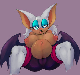 anthro bedroom_eyes belly big_belly big_breasts blue_eyeshadow bodysuit breasts camel_toe clothed clothing eyelashes eyeshadow female looking_at_viewer makeup narrowed_eyes navel nipples pregnant purple_background seductive simple_background skinsuit solo tight_clothing topless wings ashenai sega sonic_the_hedgehog_(series) rouge_the_bat bat mammal 2026 absurd_res hi_res