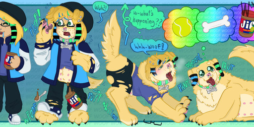 ambiguous_gender anthro ball bodily_fluids bone collar dialogue drooling eyewear feral food glasses gradient_background mid_transformation peanut_butter raccoon_tail_hair rainbow_gradient saliva simple_background solo sound_effects speech_bubble tail tail_motion tailwag tennis_ball transformation transformation_sequence wywyrm jif_peanut_butter bird_dog canid canine canis domestic_dog golden_retriever human hunting_dog mammal retriever absurd_res hi_res