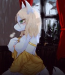 adolescent anthro armband blonde_hair blush breasts clothing detailed_background female fur green_eyes hair inside jewelry kemono long_hair mostly_nude nipples outside raining side_boob side_view solo wet wet_hair white_body white_fur window young chipar the_moomins snorkmaiden mammal moomin snork_(moomin) hi_res