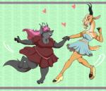 anthro barefoot blonde_hair blush breasts claws cleavage clothed clothing dancing duo eyes_closed feet female female/female footwear fur grey_body grey_fur hair hair_bun hand_holding heart_symbol interspecies male on_one_leg open_mouth open_smile overweight overweight_female pattern_background predator/prey shoes simple_background smile standing toe_claws myan_(artist) myanarts disney zootopia aurelina_canidae gazelle_(zootopia) antelope bovid canid canine canis gazelle grant's_gazelle mammal nanger true_antelope wolf 2016 hi_res