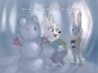 anthro bent_over blue_eyes buckteeth carrot clothed clothing dialogue duo female food fur grey_body grey_fur male pawpsicle plant popsicle size_difference smile snow snowman teeth text vegetable white_body white_fur ciwi disney zootopia jack_savage skye_(zootopia) arctic_fox canid canine fox hare lagomorph leporid mammal true_fox 4:3 english_text