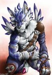 2003 anthro bandai_namco belt blue_body blue_fur canid canine claws digimon digimon_(species) dog_tags ear_piercing fangs fur grey_body grey_fur hi_res karabiner leather looking_at_viewer male mammal muscular muscular_anthro muscular_male pecs piercing purple_claws scar snout solo spikes teeth weregarurumon yellow_eyes