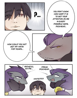 anthro biped black_body black_fur brown_eyes clothed clothing cute_fangs dialogue duo eyelashes fangs female fur hair male mouth_closed open_mouth open_smile question_mark simple_background smile speech_bubble teeth text yellow_eyes svkhaiminh nintendo pokemon generation_5_pokemon human mammal pokemon_(species) zoroark comic english_text hi_res