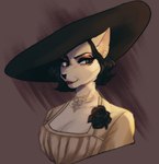 anthro breasts cleavage clothed clothing dress ear_piercing female hat headgear headwear piercing solo captyns capcom resident_evil alcina_dimitrescu bow_experiment_(resident_evil) cadou_host_(resident_evil) domestic_cat felid feline felis mammal vampire hi_res