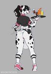 anthro apron barely_visible_genitalia beverage black_body black_fur black_hair blue_eyes bottomless butt casual_exposure clothed clothing ear_piercing ear_ring female footwear fur genitals glass hair looking_at_viewer looking_back looking_back_at_viewer markings open_mouth open_smile piercing pussy ring_piercing shoes simple_background smile sneakers solo spots spotted_body tail tail_motion tailwag tied_hair waiter white_body white_fur inu-sama canid canine canis dalmatian domestic_dog mammal 2020 digital_media_(artwork) hi_res