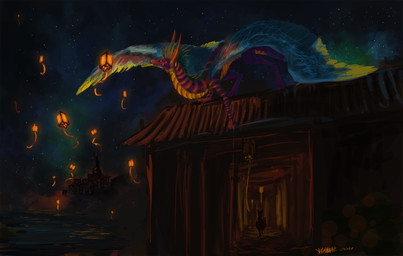 building detailed_background feathered_wings feathers feral horn lamp lantern multicolored_body multicolored_scales night orange_body orange_scales orange_stripes outside purple_body purple_scales scales silhouette sky solo star starry_sky stripes tail water wings velannal mythology lemms dragon feathered_dragon feathered_scalie mythological_creature mythological_scalie scalie 2012 digital_media_(artwork) digital_painting_(artwork) hi_res painting_(artwork) signature