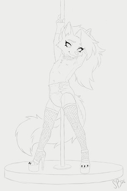 anthro clothing dancing diaper female fishnet_clothing fishnet_legwear footwear hair high_heels legwear long_hair looking_at_viewer mouth_closed naughty_face nipple_piercing nipples piercing pole pole_dancing seductive shoes solo standing teasing young young_anthro young_female smol_boye hellaverse helluva_boss mythology loona_(helluva_boss) canid canid_demon canine demon hellhound mammal mythological_canine mythological_creature