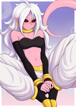 ahoge anklet arm_warmers armwear black_clothing black_nails black_sclera blush border bottomwear bracelet breasts clothed clothing colored_nails ear_piercing ear_ring female footwear gold_(metal) gold_jewelry gradient_background hair high_heels hoop_ear_ring humanoid_pointy_ears jewelry long_hair looking_at_viewer nails navel neck_ring nipple_outline not_furry outside_border pants piercing pink_body pink_skin pink_tail pointy_ears red_eyes ring_piercing shoes simple_background sitting smile solo tail topwear tube_top white_border white_hair ittla dragon_ball dragon_ball_fighterz android_21 majin_android_21 alien alien_humanoid humanoid majin 2018 absurd_res digital_media_(artwork) hi_res