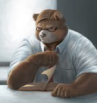 anthro biped black_nose brown_body brown_fur clothing eyewear fur glasses humanoid_hands kemono male necktie shirt slightly_chubby solo topwear guadr bear mammal 2022 absurd_res hi_res