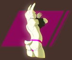 5_fingers abstract_background anthro arms_bent arms_in_front arms_in_shirt biped black_clothing bulge bulge_from_behind butt clothed clothing dressing_self fingers fur jockstrap looking_away male male_anthro pink_clothing raised_arms rear_view shirt solo standing t-shirt tail tail_tuft topless topless_anthro topless_male topwear tuft underwear boblios lagomorph leporid mammal rabbit absurd_res chromatic_aberration hi_res signature