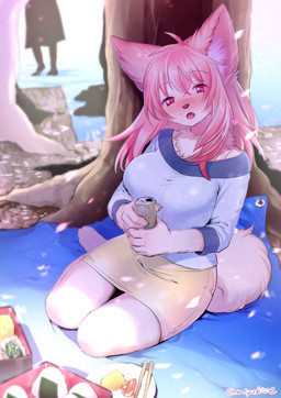 alcohol anthro bangs beer beverage big_breasts big_ears biped blush bottomwear breasts cherry_blossom chest_tuft clothed clothing drunk female flower food fur hair kemono kneeling long_hair looking_at_viewer on_ground open_mouth outside pink_body pink_eyes pink_fur pink_hair plant prunus_(flower) skirt solo substance_intoxication tree tuft kiichi canid canine mammal 2016