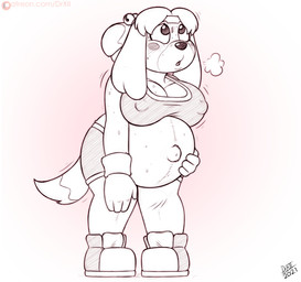 anthro athletic_wear belly big_belly big_breasts blush bodily_fluids bottomwear breasts clothed clothing exercise female fur hair navel nipple_outline outie_navel pregnant pregnant_anthro pregnant_female simple_background solo sweat drxii animal_crossing nintendo isabelle_(animal_crossing) canid canine canis domestic_dog mammal shih_tzu toy_dog digital_media_(artwork) hi_res