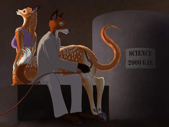 anthro butt clothing duo female fur genitals hose inside male orange_body orange_fur shirt sitting topwear vulva meanybeany canid canine deer deer_taur fox mammal mammal_taur taur 2021