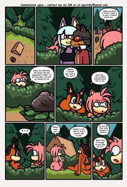 anthro blue_eyes brown_body brown_fur butt camping clothed clothed_anthro clothed_male clothing dialogue duo female fully_clothed fully_clothed_anthro fully_clothed_male fur green_eyes group hiding jacket male multicolored_body multicolored_fur nude nude_anthro nude_female orange_body orange_fur pigtails pink_body pink_fur plant purple_body purple_fur red_clothing red_jacket red_topwear shrub speech_bubble tent text topwear twintails_(hairstyle) sqootshy sega sonic_boom sonic_the_hedgehog_(series) amy_rose sticks_the_jungle_badger badger eulipotyphlan hedgehog mammal mustelid musteline 2026 absurd_res comic english_text hi_res multiple_scenes