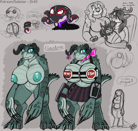 anthro antlers areola big_breasts breasts claws clothed clothing female fur hair horn huge_breasts jumpsuit living_hair looking_at_viewer nipples non-mammal_breasts non-mammal_nipples nude pseudo_hair simple_background smile snake_hair solo standing tail text drxii fallout microsoft florence_witherbourne gooseberry_kobold katherine_(drxii) psilocybin_kobold deathclaw deer kobold mammal medusabold new_world_deer reindeer reptile scalie snake 2025 digital_media_(artwork) hi_res url