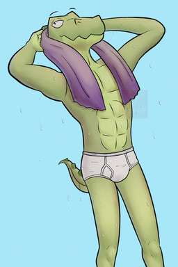 anthro blue_background briefs briefs_only clothed clothing detailed_background green_body green_skin male purple_towel simple_background solo tighty_whities topless topless_male towel underwear underwear_only wet white_briefs white_clothing white_underwear ursanity lizard reptile scalie hi_res