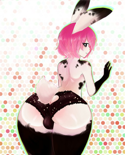 anthro balls_in_underwear balls_outline black_ear_tips black_markings blush bottomwear bulge butt butt_focus clothing detailed_bulge dipstick_ears dotted_background ear_markings femboy genital_outline gloves_(marking) hair heart_eyes heart_symbol leg_markings looking_back male markings multicolored_ears outline pattern_background pink_hair pink_nose presenting presenting_hindquarters simple_background solo sparkles sparkling_eyes speckled tail tail_tuft tuft underwear erogekoi ari_(erogekoi) lagomorph leporid mammal rabbit hi_res
