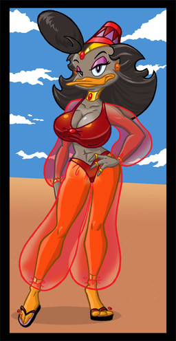 anthro beak big_breasts breasts female harem harem_outfit non-mammal_breasts solo unknown_artist anatid anseriform avian bird duck