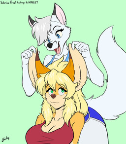 anthro blonde_hair blue_eyes breasts clothing duo ears_up eyebrows eyelashes female fur green_eyes grey_hair hair holding_ear looking_at_another looking_down looking_up open_mouth orange_body orange_fur shirt tail tank_top text tongue topwear white_body white_fur chisheq nadia_(chisheq) sabrina_frost canid canine fennec_fox fox mammal true_fox hi_res