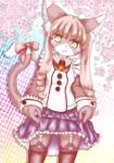 blush bottomwear clothing female green_eyes hair kemono legwear long_hair pigtails pink_hair ribbons skirt solo stockings floweringspica domestic_cat felid feline felis mammal