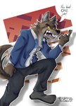 anthro bottomwear clothing fist footwear fur male male_anthro open_mouth pants plantigrade sharp_teeth shoes simple_background solo suit teeth text white_background volktron_(artist) dreamworks the_bad_guys mr._wolf_(the_bad_guys) canid canine canis mammal wolf 2021 english_text hi_res