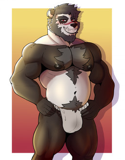 anthro areola asian_clothing barazoku beard biceps black_hair border bulge chest_tuft clothed clothing deltoids east_asian_clothing facial_hair fingers front_view fundoshi fundoshi_only gradient_background hair half-closed_eyes hands_on_hips humanoid_hands japanese_clothing looking_at_viewer male musclegut muscular muscular_anthro muscular_arms muscular_legs muscular_male narrowed_eyes navel nipples pecs pose pubes red_eyes scar shadow short_hair simple_background skimpy smile smirk solo standing teeth topless topless_anthro topless_male tuft underwear underwear_only white_border darolion bear giant_panda mammal colored hi_res shaded