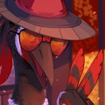 ambiguous_form ambiguous_gender beak blurred_background brown_beak brown_body brown_feathers clothing eyewear feathers glasses hat headgear headwear looking_at_viewer open_mouth red_body red_feathers solo tinted_glasses white_body white_feathers corzh77 raiden_(baggotry) avian hi_res