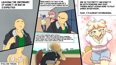 angry annoyed anthro bald bandage bent_over biped blood blue_eyes blush bodily_fluids bottomwear breasts clothed clothed_anthro clothed_female clothed_human clothed_male clothing cloud day daydream denim denim_bottomwear denim_clothing denim_shorts female front_view frown green_clothing green_shirt green_topwear grey_bottomwear grey_clothing grey_jacket grey_pants grey_topwear group hair hair_bun hallway happy head_turned hoodie horn inside jacket long_hair looking_at_another looking_back male male/female markings medium_breasts non-mammal_breasts open_clothing open_jacket open_mouth open_smile open_topwear pants pink_body pink_hair profanity purple_eyes purple_hair rear_view red_clothing red_shirt red_tank_top red_topwear sad school shirt short_hair shorts sitting sky smile spiked_tail spikes spikes_(anatomy) striped_markings stripes tail tank_top text thinking topwear twin_buns white_clothing white_shirt white_topwear window yellow_clothing yellow_hoodie yellow_topwear fuegosonic93 cavemanon_studios goodbye_volcano_high ko_op_(game_developer) snoot_game anon_(snoot_game) reed_(gvh) stella_(gvh_beta) trish_(gvh) ceratopsian ceratopsid chasmosaurine dinosaur dromaeosaurid human mammal marginocephalian ornithischian prehistoric_species reptile saurischian scalie stegosaurian stegosaurus theropod thyreophoran triceratops velociraptor 16:9 4k absurd_res colored comic english_text hi_res shaded widescreen