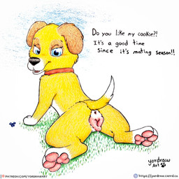 3_toes animal_genitalia animal_vulva anus black_nose blue_eyes bodily_fluids butt canine_genitalia canine_vulva collar feet female feral flower fur genital_fluids genitals grass patreon_logo pawpads paws pink_pawpads pink_vulva plant sitting smile smiling_at_viewer solo spread_legs spreading text toes vaginal_fluids vulva yellow_body yellow_fur yordraw martha_speaks patreon martha_lorraine canid canine canis domestic_dog mammal 1:1 hi_res traditional_media_(artwork) url