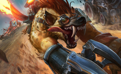 anthro belt claws dirt ear_piercing engine eyewear fangs fire goggles group gums junkyard light male mechanical_arm motion_blur outside piercing racing reflection running technology teeth tongue tongue_out trio vehicle izzy_medrano league_of_legends riot_games tencent warwick_(lol) ambiguous_species human hyena mammal 2017 colored digital_media_(artwork) digital_painting_(artwork) hi_res lighting official_art painting_(artwork) shaded