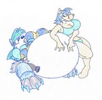 anthro belly big_belly big_breasts bikini blue_clothing blue_hair bottomwear breasts clothing denim denim_bottomwear denim_clothing duo female hair huge_belly inflation jeans pants simple_background sitting swimwear two-piece_swimsuit white_background virus-20 canid canine canis mammal wolf 2009