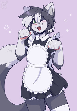 4_fingers anthro blush cheek_tuft clothing dipstick_tail eyelashes facial_tuft femboy fingers fur green_eyes grey_body grey_fur grey_hair hair hair_between_eyes legwear maid_apron maid_uniform male markings one_eye_closed open_mouth open_smile paw_pose pawpads pink_nose pink_pawpads pose simple_background smile solo stockings tail tail_markings teeth tuft uniform white_body white_clothing white_fur white_hair white_legwear white_stockings fleurfurr domestic_cat felid feline felis mammal cel_shading colored digital_drawing_(artwork) digital_media_(artwork) hi_res shaded