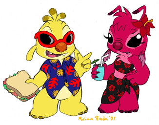 4_fingers antennae_(anatomy) black_eyes brown_nose claws clothing container cup duo eyewear female fingers flower food fur gesture glasses hair hand_gesture hibiscus holding_container holding_cup holding_food holding_object male multicolored_antennae multicolored_body no_sclera open_mouth pawpads pink_body pink_fur pink_nose plant pointing sandwich_(food) semi-anthro simple_background small_ears sunglasses toe_claws tropical white_background yellow_body yellow_fur miriamthebat disney lilo_and_stitch fan_character lorey_(miriamthebat) reuben_(lilo_and_stitch) alien experiment_(lilo_and_stitch) 2007