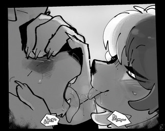 anthro blush bodily_fluids caressing_cheek covering covering_eyes covering_face duo floppy_ears french_kissing fur hair holding_face interspecies kissing licking looking_at_another male male/male open_mouth oral saliva saliva_string simple_background smile sweat sweatdrop teeth teeth_showing text tongue tongue_out goonie-san goon_(goonie_san) quinn_(amawdz) canid canine canis domestic_cat domestic_dog felid feline felis mammal hi_res monochrome
