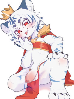 3_toes 4_fingers anthro arm_tuft aroused balls bent_leg black_claws black_nose blue_body blue_fur blue_markings blush blush_lines bodily_fluids bottomwear cape circle_eyebrows claws clothing crown cute_fangs elbow_tuft eyebrows fangs feet fingers foreskin fur fur_trim_(clothing) genital_fluids genitals glans hair half-erect headgear humanoid_genitalia humanoid_penis inner_ear_fluff kneeling leaking_precum loincloth looking_at_viewer male markings mostly_nude navel one_eye_half-closed partially_retracted_foreskin penis precum presenting presenting_penis pubes red_bottomwear red_cape red_clothing red_eyes red_loincloth shota simple_background sitting solo spread_legs spreading striped_markings stripes teeth toe_claws toes tongue tongue_out translucent translucent_hair tuft white_background white_body white_fur young young_anthro young_male yes_white06 azura_safir bengal_tiger felid mammal pantherine tiger 3:4 digital_media_(artwork) hi_res