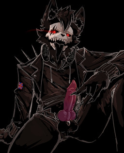 animal_genitalia animal_penis anthro black_body black_fur claws clothed clothing devil_horns_(gesture) doyle fur genital_piercing genitals gesture glowing glowing_eyes hand_gesture knot looking_at_viewer male penis penis_piercing piercing red_eyes red_penis sharp_teeth shoulder_pads solo spiked_shoulder_pads spikes teeth tongue tongue_out union_jack unzipped unzipped_pants zipper skulldogdoyle skulldog_(species) hi_res