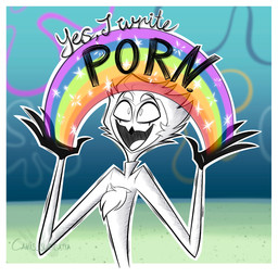 anthro beak chest_tuft clothed clothing feathers male multi_eye open_mouth rainbow smile solo text tuft wide_eyed atimon hellaverse helluva_boss imagination_(meme) nickelodeon spongebob_squarepants stolas_(helluva_boss) avian bird owl_demon 2026 hi_res signature