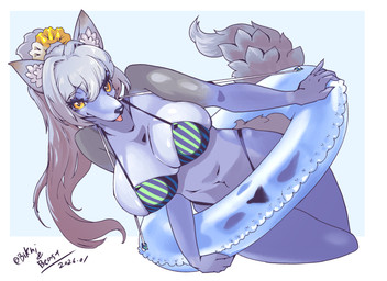 anthro bikini breasts cleavage clothed clothing female inflatable simple_background solo swimwear twitter_handle two-piece_swimsuit halalaika shion_(halalaika) canid mammal 2026 hi_res