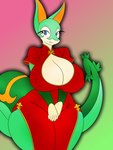 anthro asian_clothing big_breasts big_tail blue_eyes breasts chinese_clothing cleavage_cutout clothing cutout dress east_asian_clothing female green_body looking_at_viewer nipples red_clothing red_dress smile solo tail punch_pubby nintendo pokemon june_greenfield generation_5_pokemon pokemon_(species) reptile scalie serperior snake absurd_res hi_res tagme