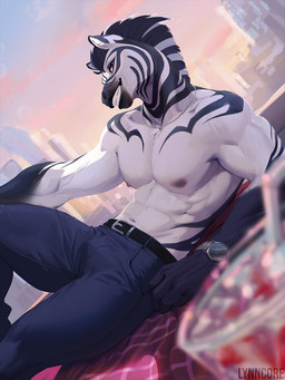 abs anthro belt black_hair bottomwear clock clothed clothing confident dutch_angle fur grin hair jewelry looking_at_viewer male muscular muscular_anthro muscular_male necklace nipple_dip nipples pants partially_clothed pecs reclining shirtless smile solo topless watch white_body white_fur wristwatch lynncore equid equine mammal zebra 2024 hi_res