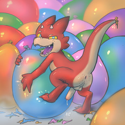 anthro anus balloon balloon_fetish balloon_popping balls biped bodily_fluids butt claws cum cum_drip cum_on_ground digitigrade dripping fog freckled_butt freckled_face freckled_legs freckled_shoulders freckled_thighs freckles genital_fluids genitals glans half-closed_eyes horn inflatable male narrowed_eyes open_mouth penis perineum popped_balloon presenting presenting_hindquarters purple_glans purple_tongue raised_leg simple_background solo standing teeth tongue yellow_sclera badipoki kobold scalie 1:1 absurd_res hi_res