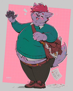 anthro bag belly belt bottomwear brown_hair clothing eyes_closed eyewear footwear fur glasses glowing glowing_body glowing_fur green_clothing green_topwear grey_body grey_bottomwear grey_clothing grey_fur grey_pants hair leather_bag male open_mouth overweight overweight_male pants paper pawpads pink_background round_glasses shoes simple_background slightly_chubby smile smiling_at_viewer stretch_marks sweater teacher topwear vitiligo andre_moraph canid canine canis mammal wolf 2026 4:5 absurd_res hi_res signature